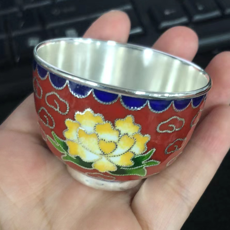 九乐 足银珐琅银制品 999红色掐丝祥云牡丹茶杯