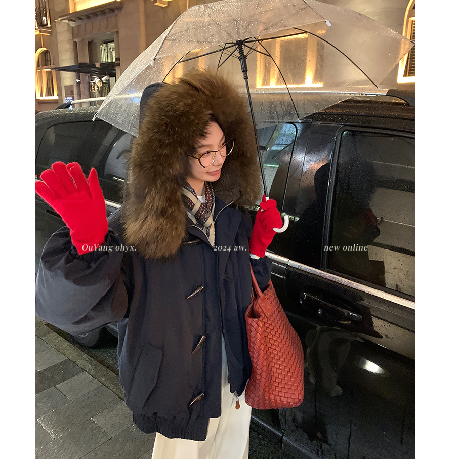 牛角扣连帽ins加厚大毛领棉衣女士冬季棉服短款时尚