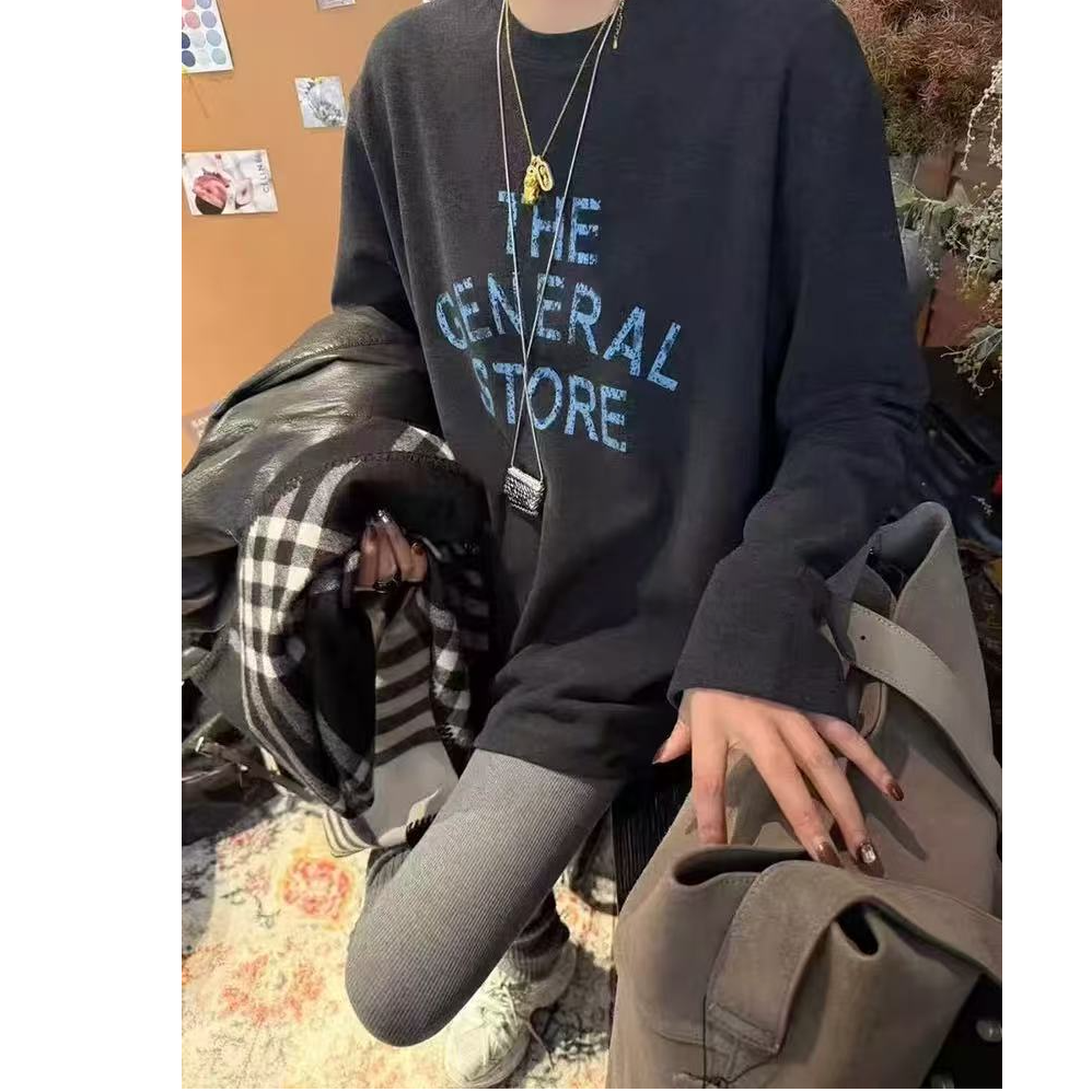 欧货大版字母印花长袖T恤衫女厚款弹力圆领中长款遮屁股打底上衣