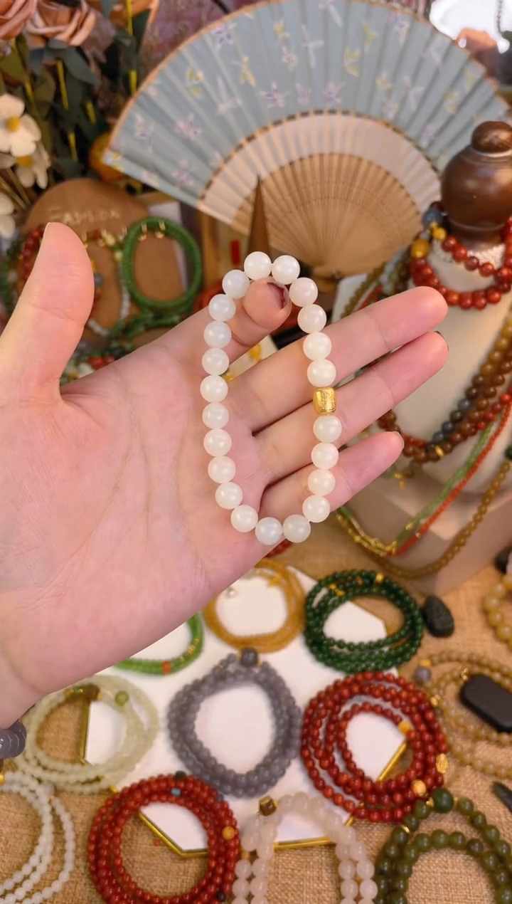 【闪购商品】和田玉手串18K金镶嵌白玉