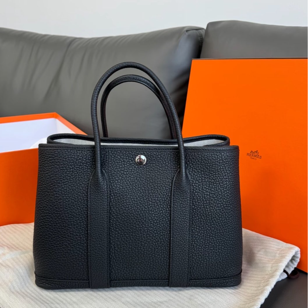 99新 Hermes/爱马仕 珊珊花园包 30 黑色 NEGONA皮 U刻 银扣