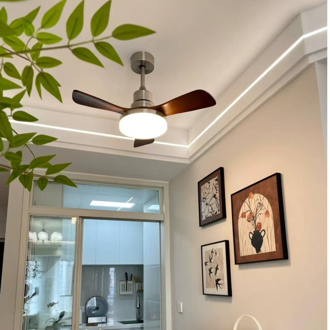 复古砂镍银桐木实木风扇静音大风力吊扇灯中古餐厅吊扇