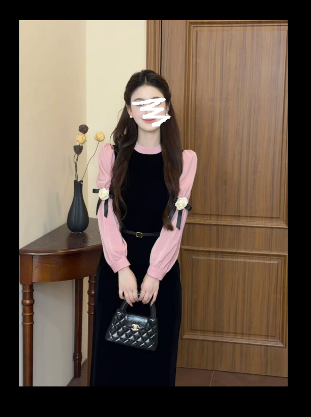 【黑粉玫瑰】法式千金风高级感撞色黑丝绒连衣裙3413#