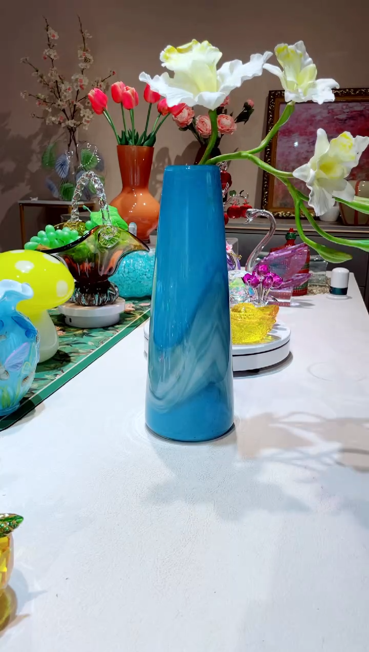 【闪购商品】琉璃手工艺品   蓝色水墨细花瓶微瑕+1花