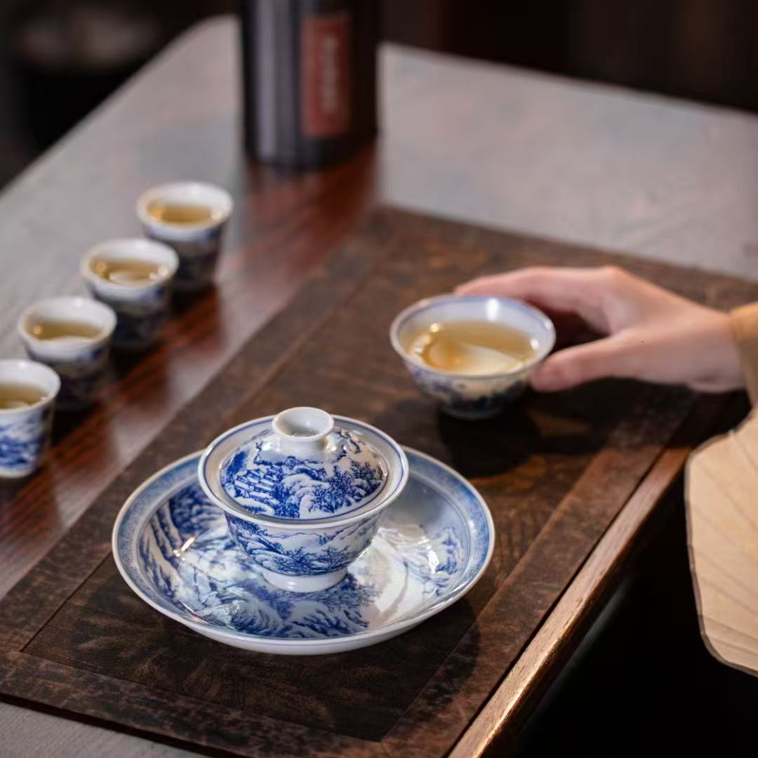 景德镇釉下青花雪景手工胎堆白工艺7件套礼盒装