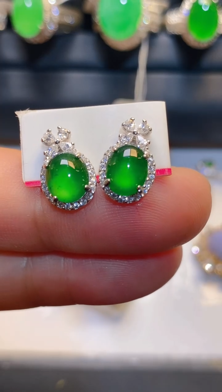 翡翠银S925镶嵌耳饰木*花天然