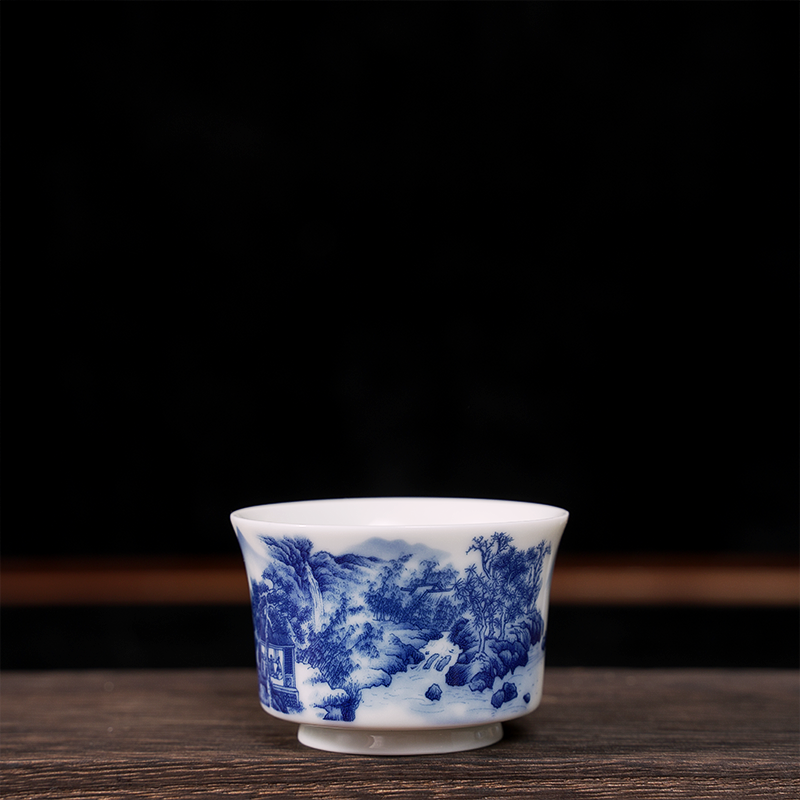 【精品客杯】景德镇制高白泥青花元宝山水马蹄客杯中式品茗杯