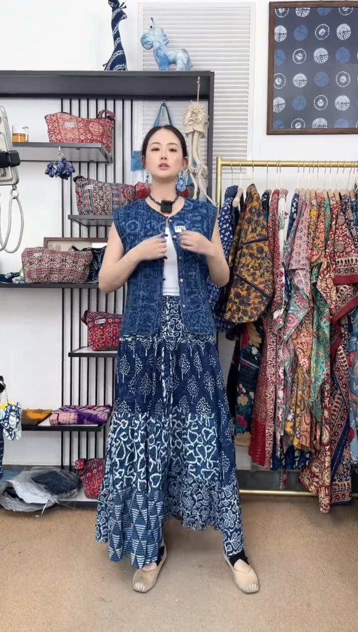 【闪购商品】147印度长绒棉拓印蓝染+彩色双面马甲