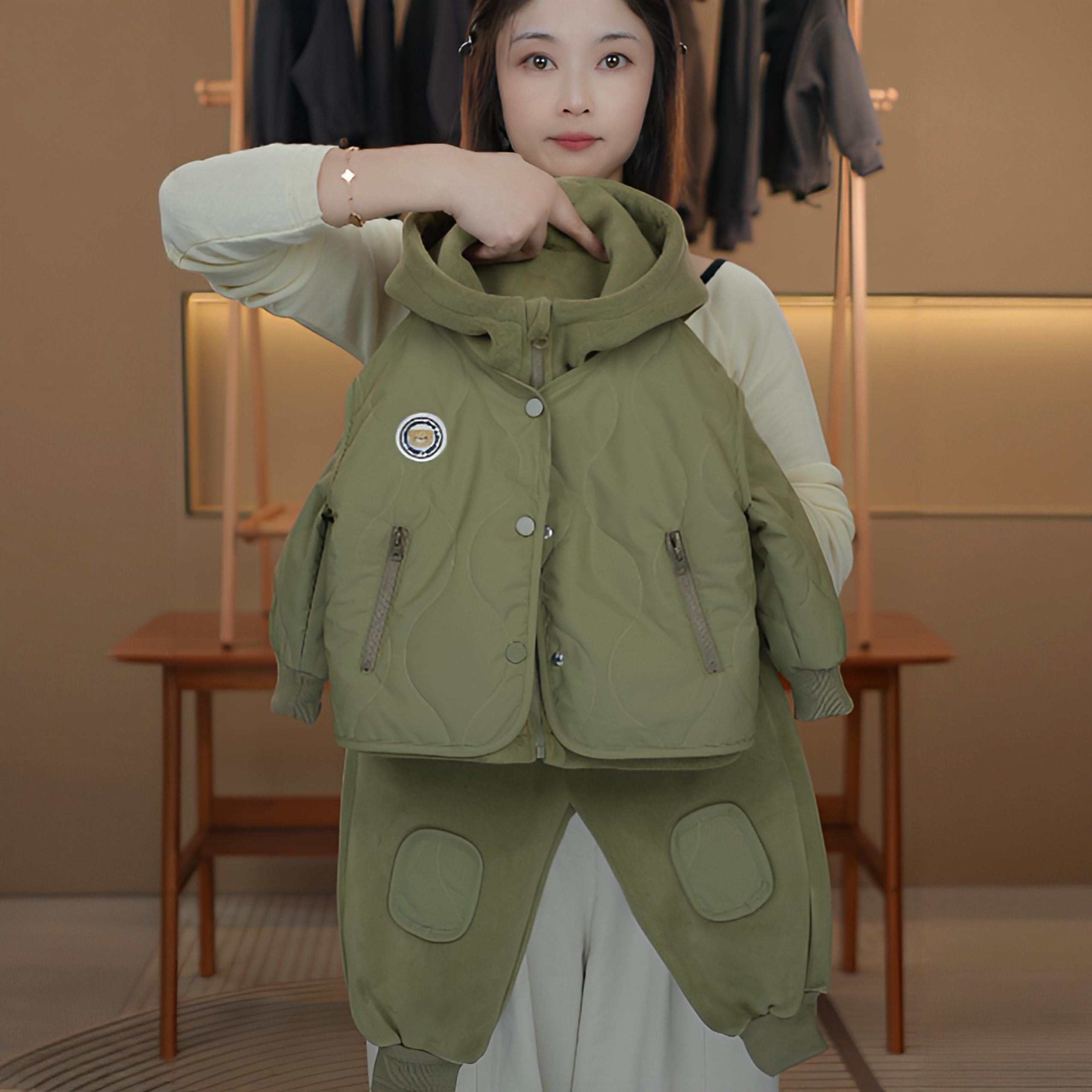 【Yusoon】三件套冬新品男童儿童帅气韩版苔藓绿拉链奥粒绒套装