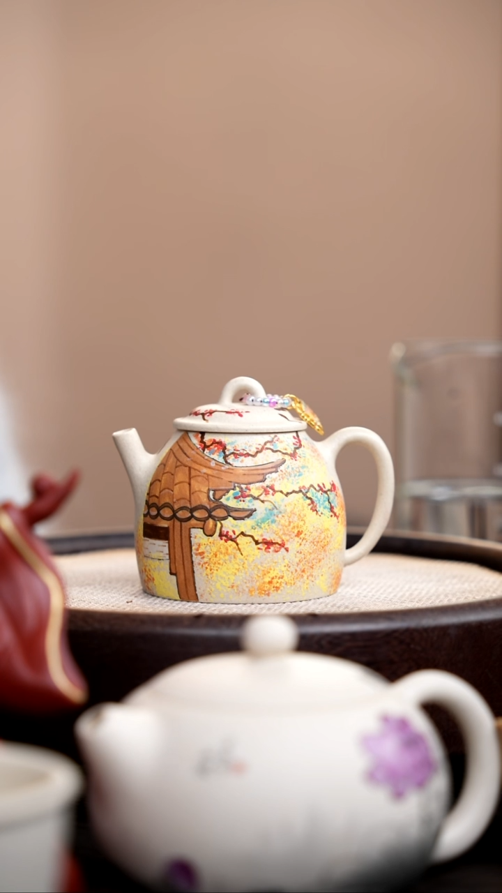 茶壶紫砂白玉段秦权泥绘枫亭晚