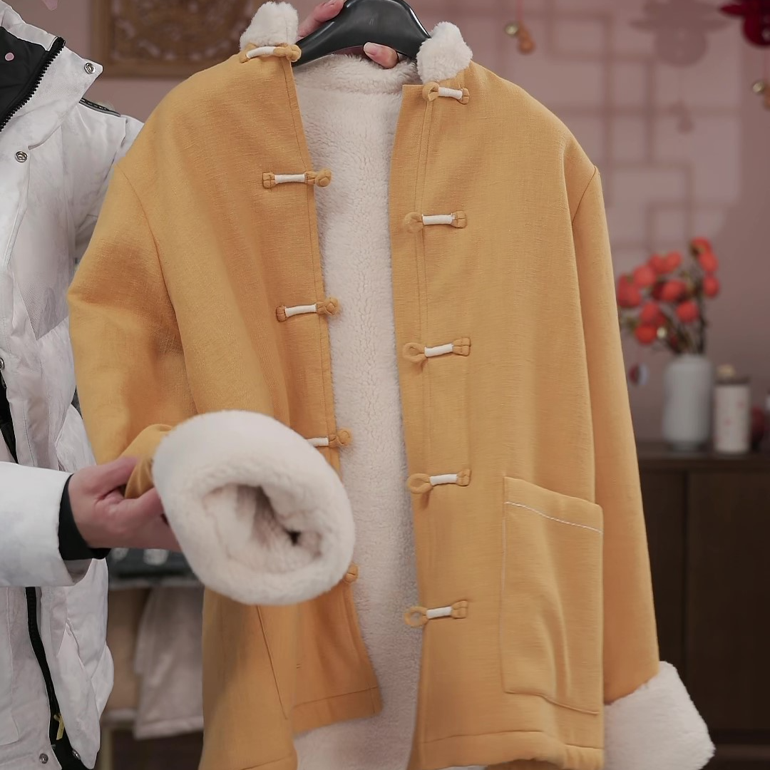 亚麻羊羔毛2024年冬季新款中式国风夹棉衣服袄保暖加厚外套女2443