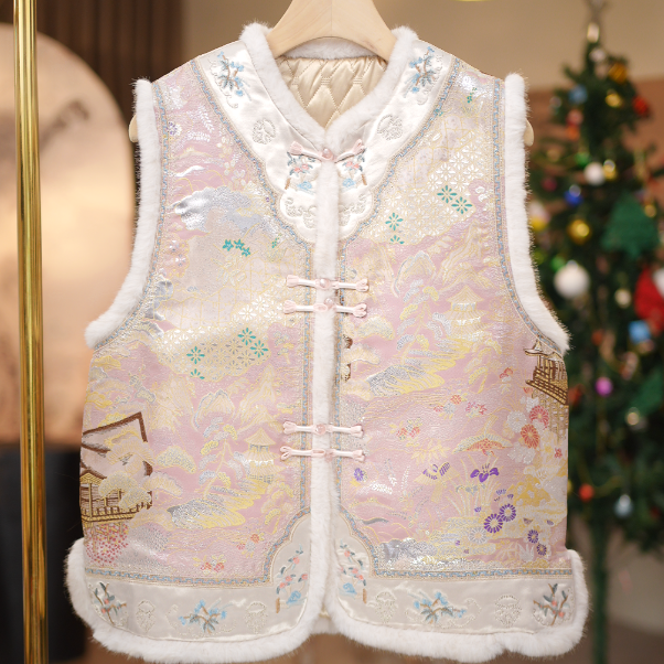 【锦芳华-加棉马甲】新款中式风圆领绣花百搭加棉马甲6073