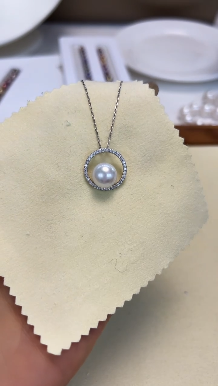 颈饰银S925镶嵌淡水珍珠圆圈吊坠