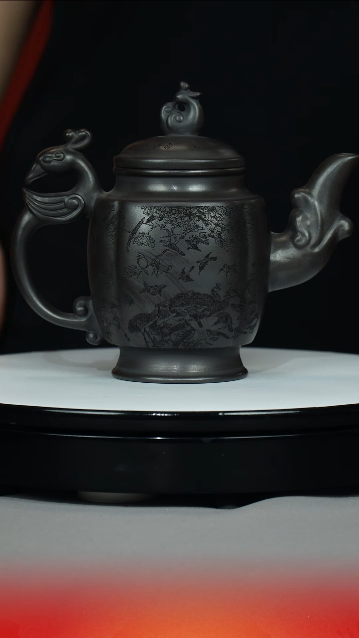 茶壶紫砂石黄 龙凤呈祥 百鸟朝凤