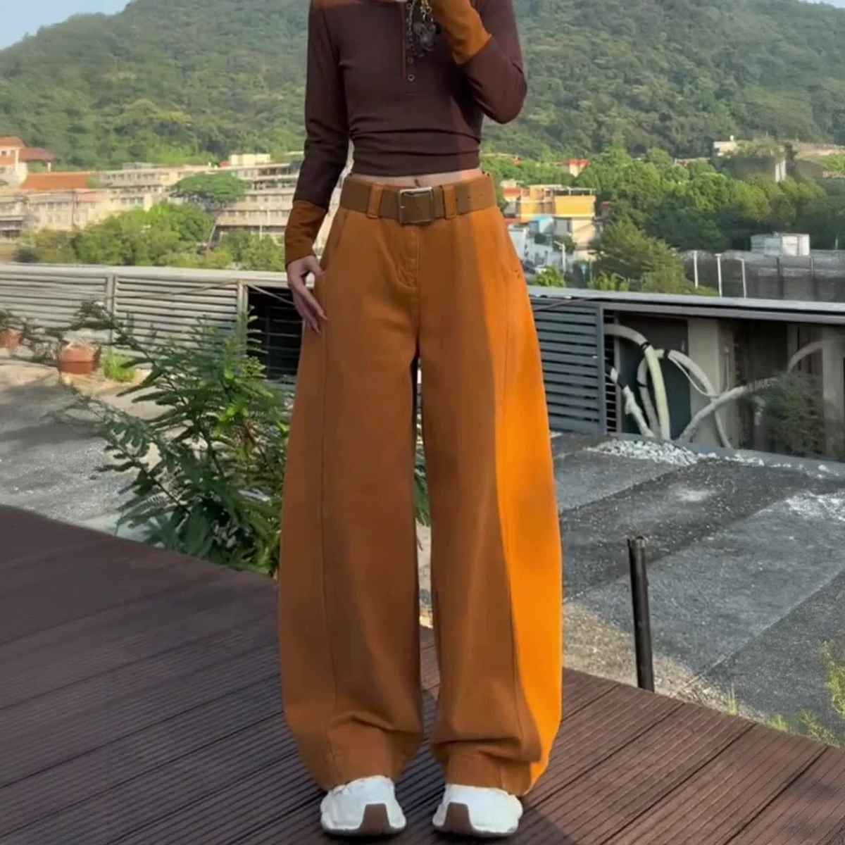 加绒加厚橘色阔腿牛仔裤女冬季新款高腰宽松显瘦百搭廓形直筒长裤