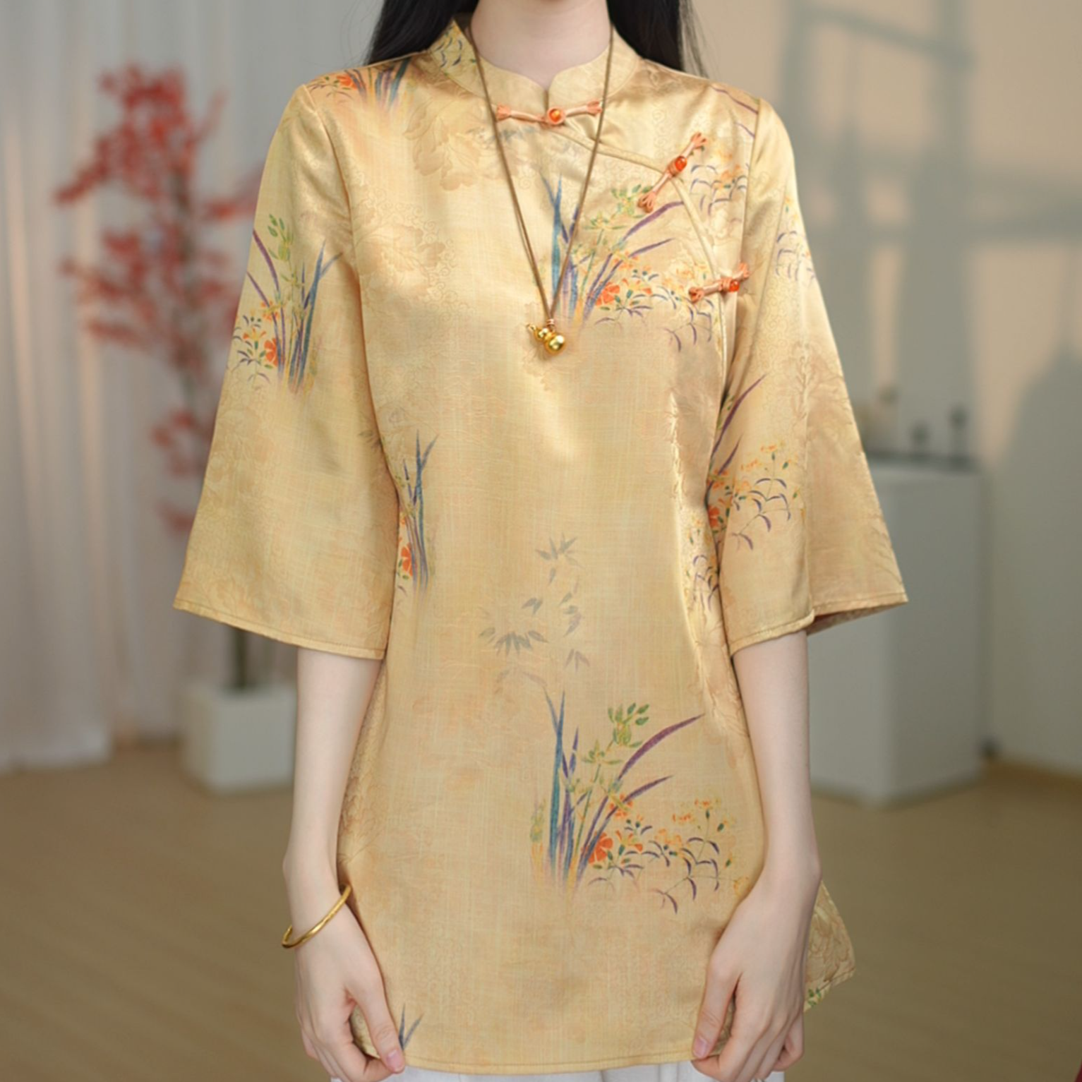 【3121-秋芷衣】改良新中式国风复古宽松小衫七分袖上衣奥黛-园园