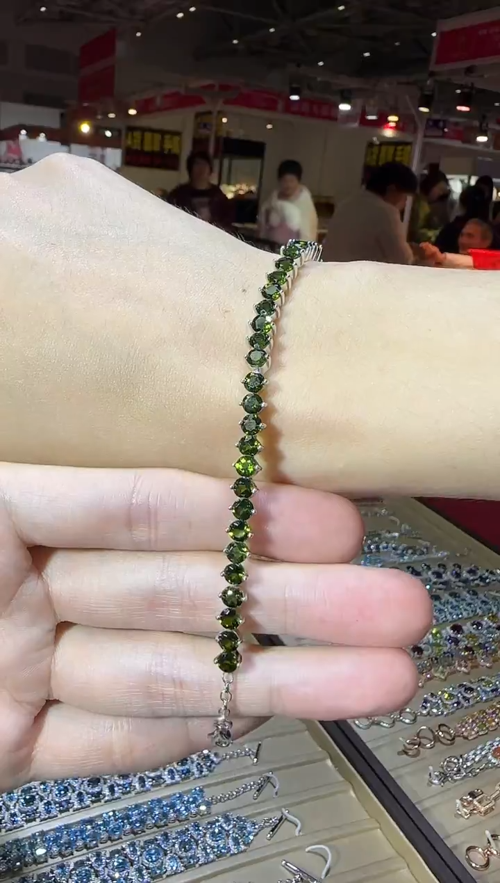 银S925镶嵌透辉石手链5mm简约款