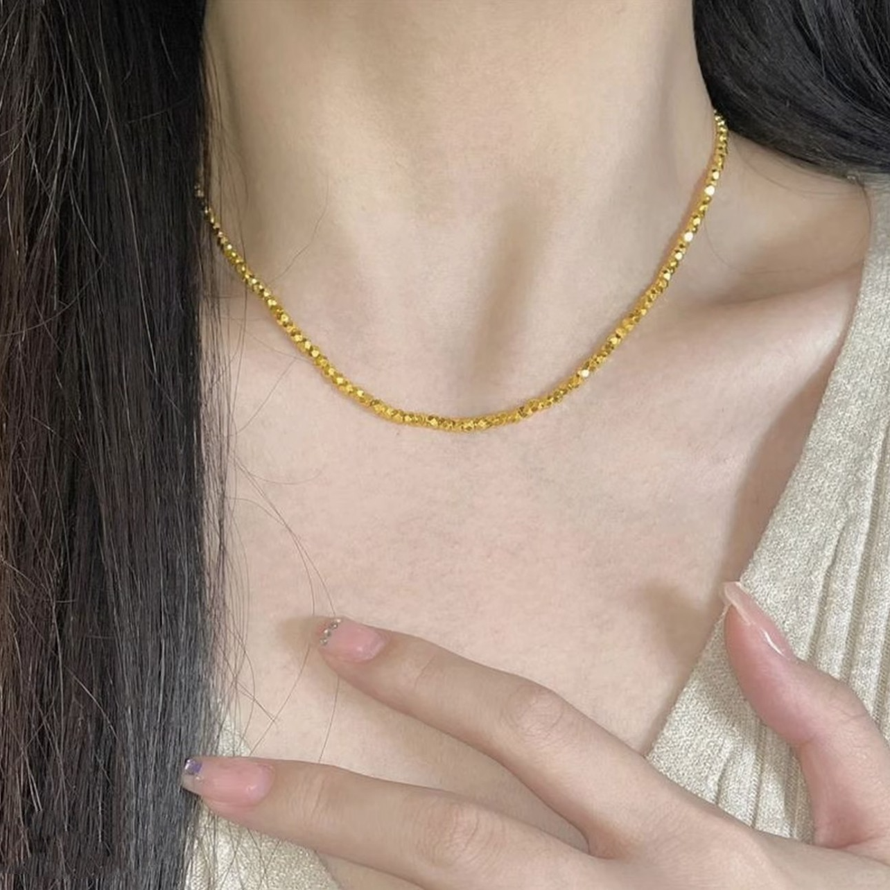 铜合金项链 简约百搭小方珠锁骨链项链蹦迪轻奢高级感女素链