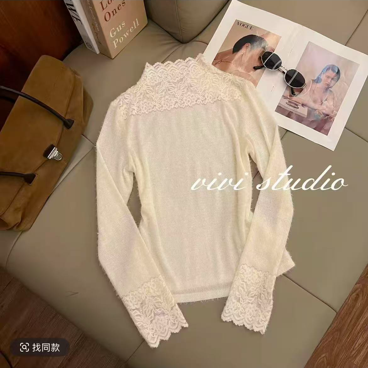 欧货温柔气质风秋冬新款纯色百搭显瘦修身时尚蕾丝拼接打底衫188