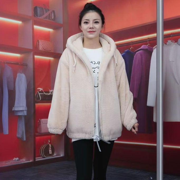 厚保暖连帽防风外套女棉服时尚宽松冬季拉链毛毛外套休闲毛绒百搭