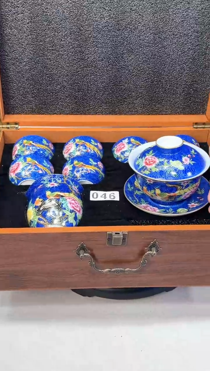 【闪购商品】其他深蓝底扒花花鸟公道茶具套组046