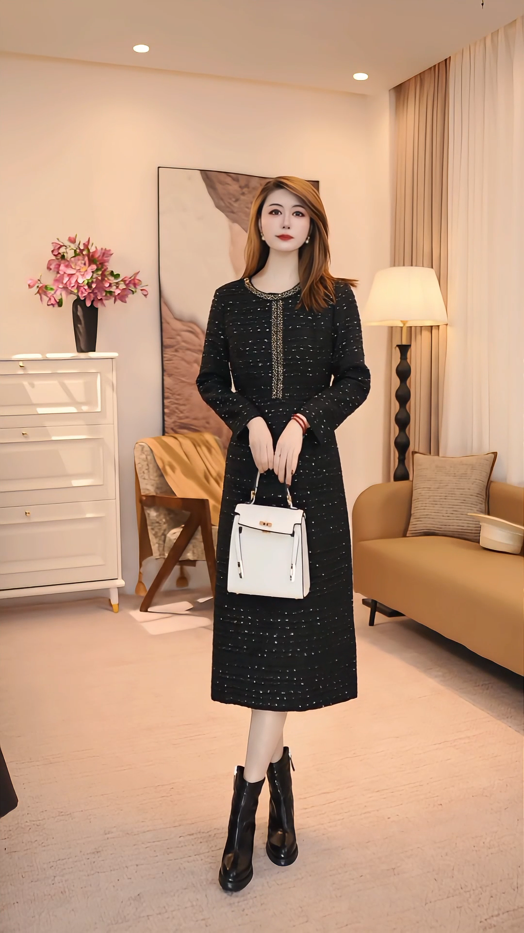 通勤H型气质新显瘦古连衣裙轻奢修身黑色小香风 86163