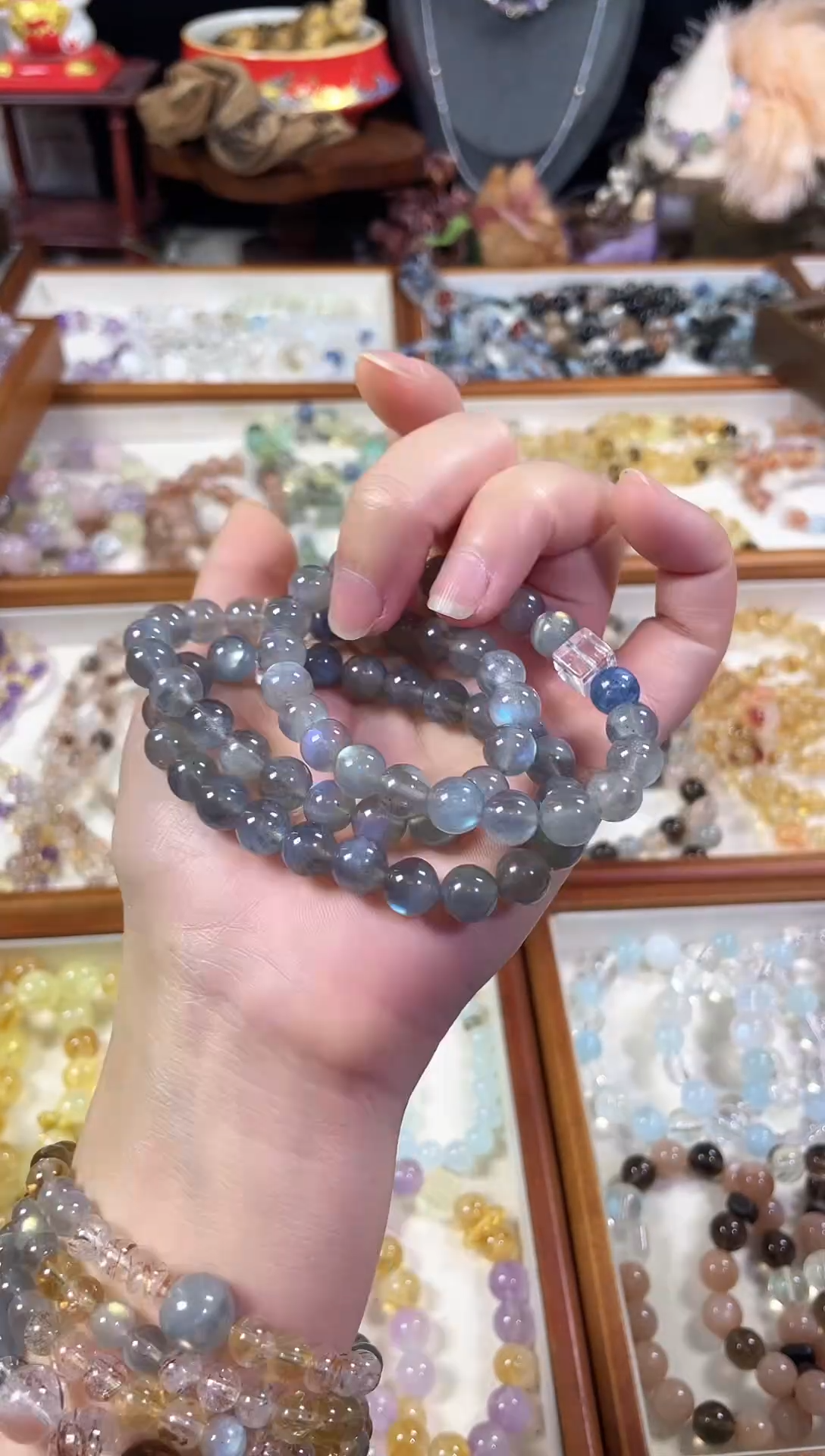 未镶嵌手串水晶天然灰月光蓝晶石白水晶手串
