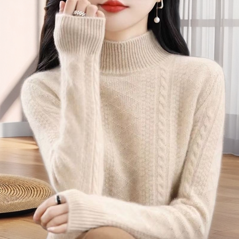 高档加厚纯100羊绒衫女半高领纯色百搭中年妈妈厚款保暖宽松毛衣