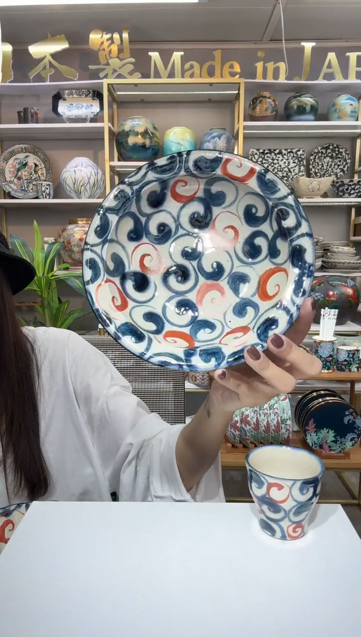 陶瓷宗山窑汤盘-赤绘旋涡19.5cm