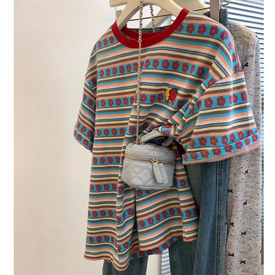 9065彩色条纹针织短袖t恤女2025新款夏季宽松设计感小众半袖上衣