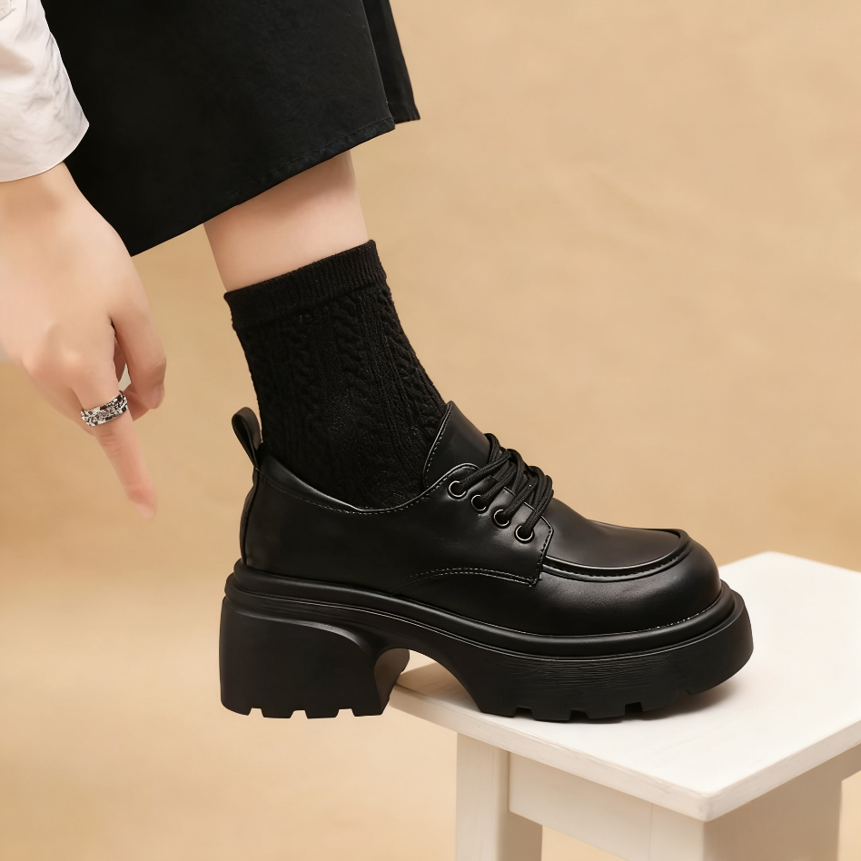 小皮鞋2025新款秋季女鞋厚底高跟英伦风黑色系带百搭乐福jk鞋子女