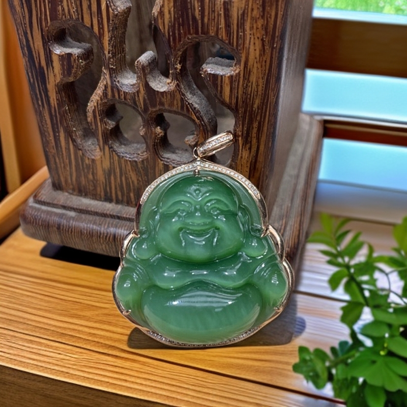 18 K金叩头碧玉猫眼佛公吊坠卡35