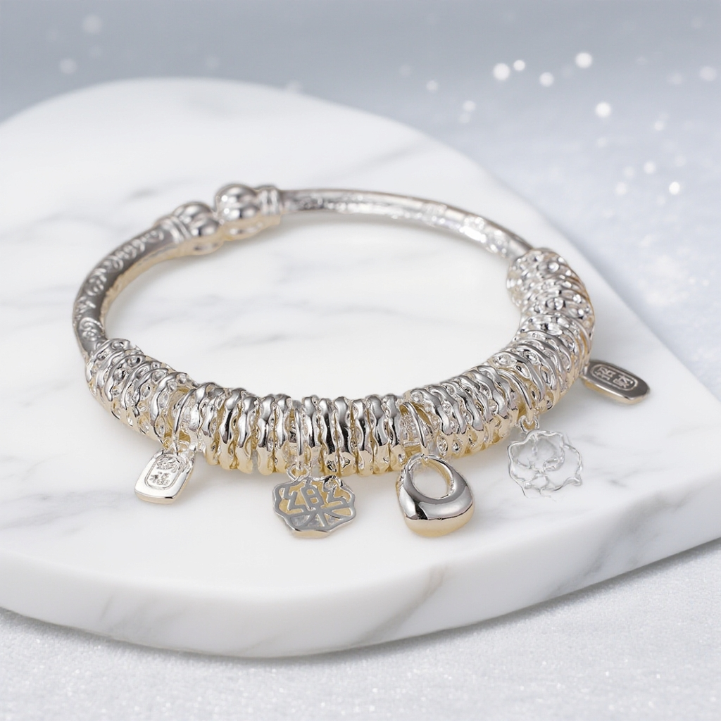 999.9银南瓜头吉言盘缠开口手镯