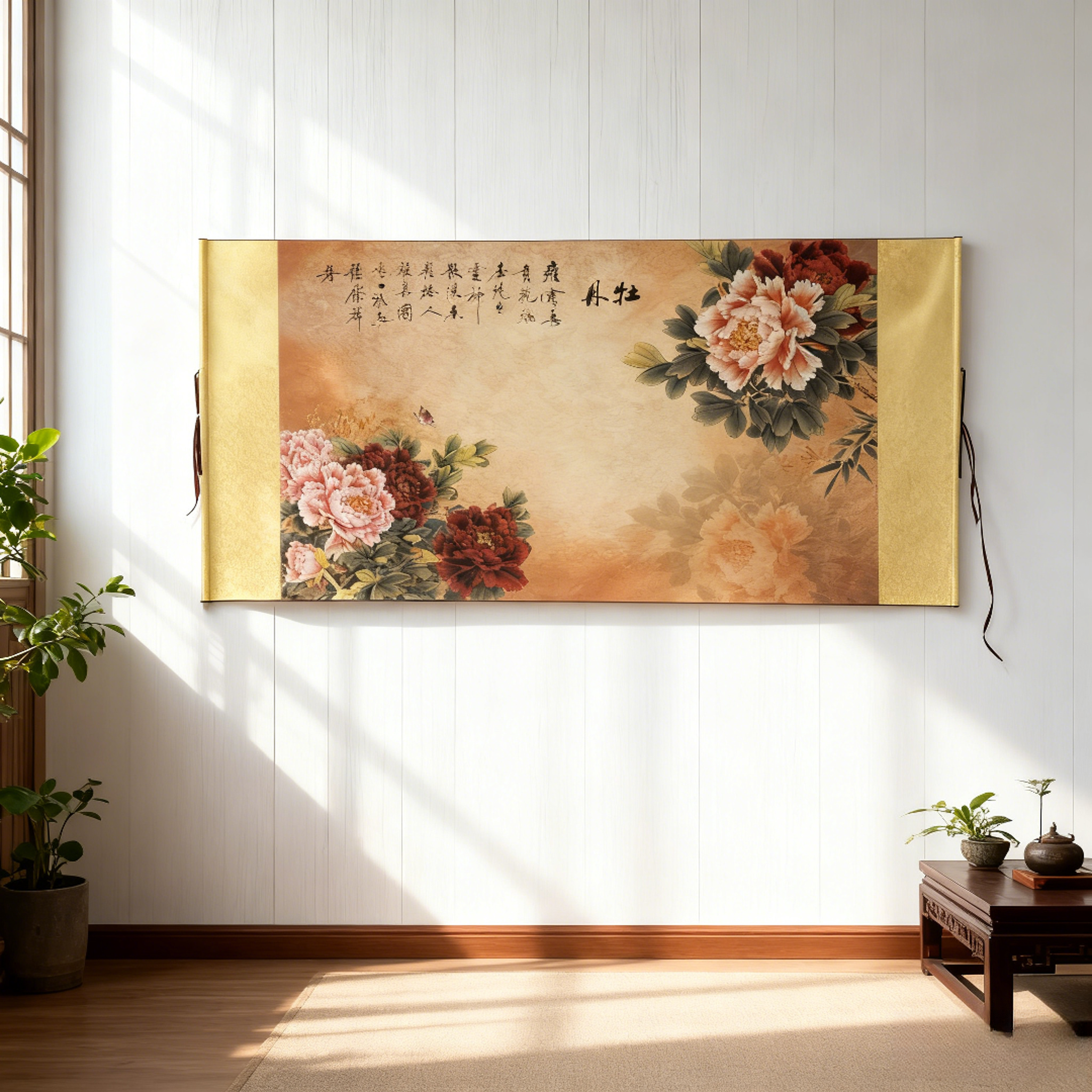 《牡丹》国风山水玄关客厅书法卷轴挂画装饰画