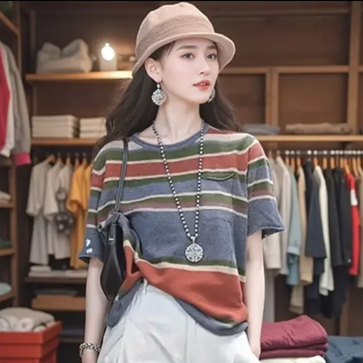 秋上新撞色减龄圆领大码天丝冰感透气显瘦显高打底针织女上衣短袖