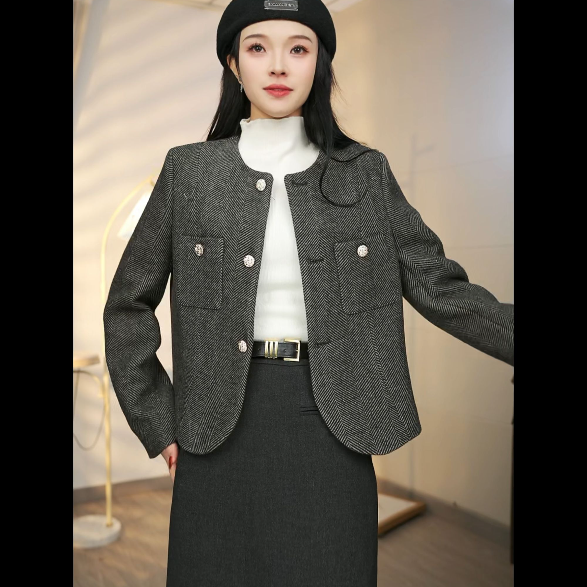 【31款】今年流行复古圆领小香风外套正肩肌理感上衣女款外套