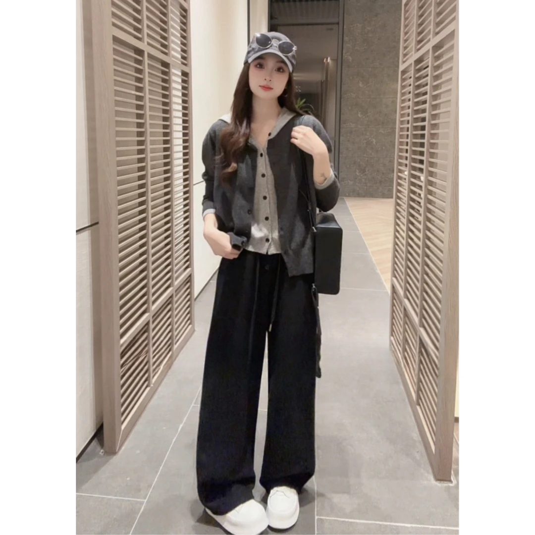 韩系洋气宽松慵懒风纯色毛衣针织衫单排扣假两件连帽女上衣H9-38