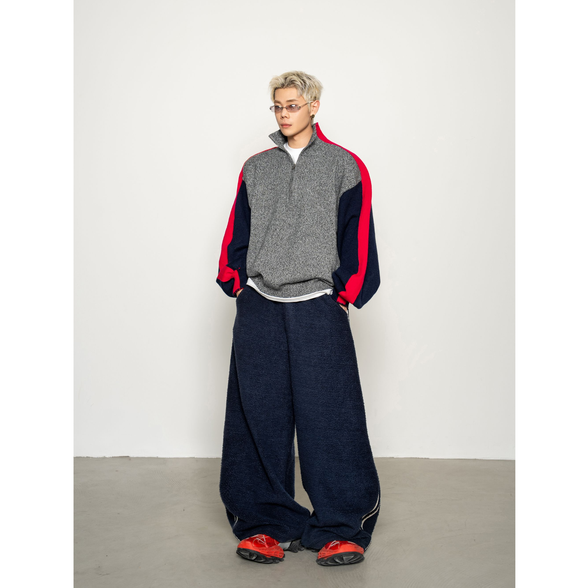 DBW Doublewin高克重撞色立领毛衣秋冬层次感落肩袖宽松上衣1467