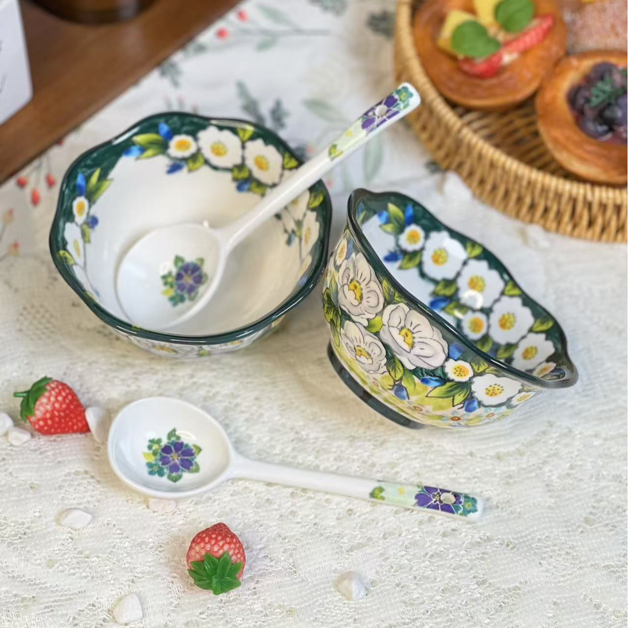 Sazaki浅茉 花边米饭碗5英寸家用大容量波兰彩陶瓷手绘釉下彩网红