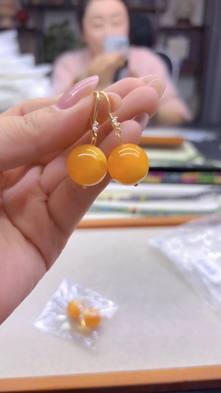 蜜蜡14K金镶嵌耳饰DIY款E948