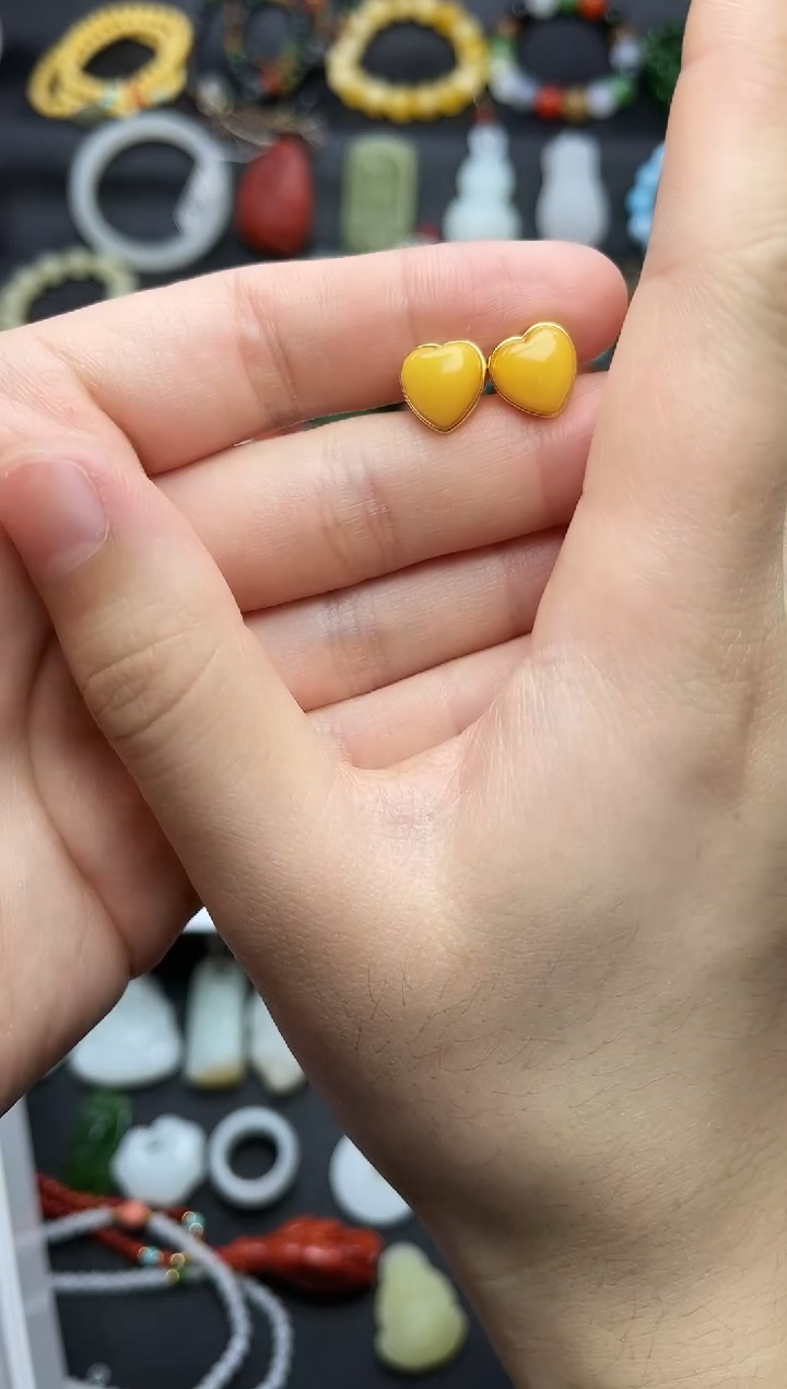蜜蜡银S925镶嵌耳饰爱心耳钉06