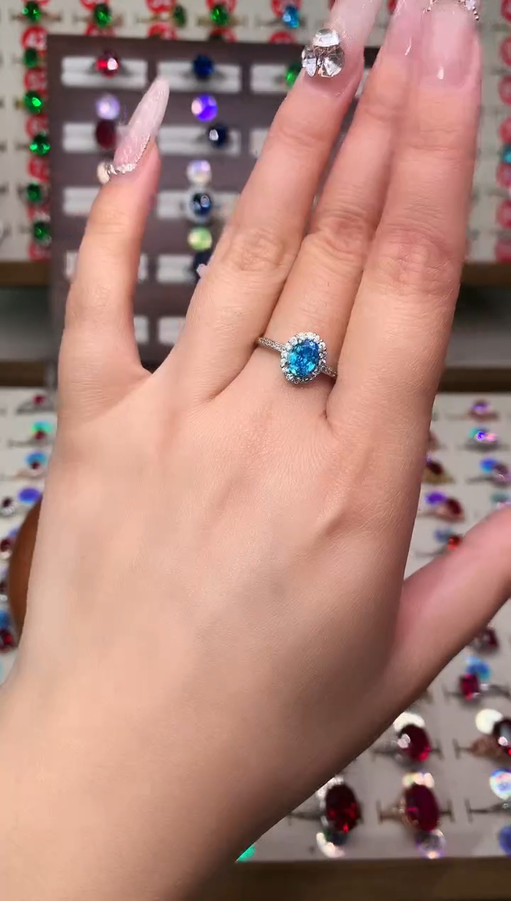 银S925镶嵌戒圈海蓝宝石5*7 银托