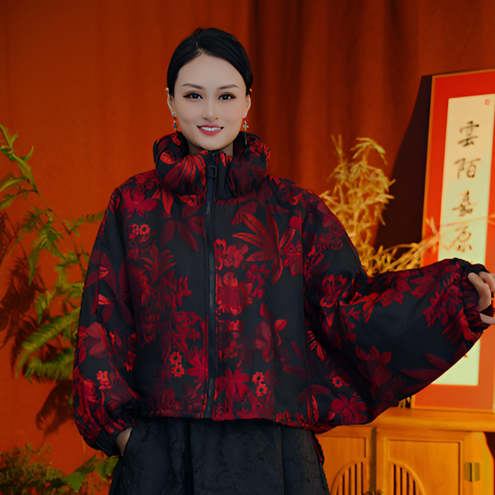 【云陌嘉】 鎏金岁月红色/绿色枫叶刺绣花苞领前短后长棉服