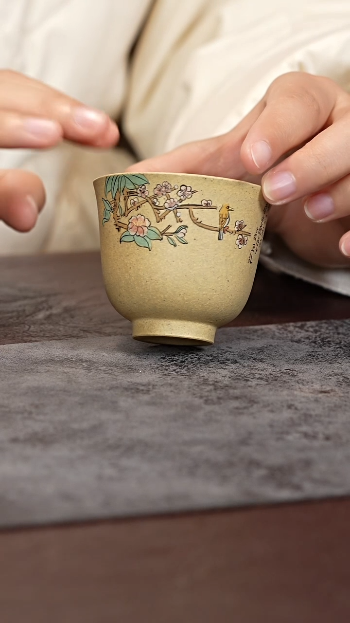 茶杯紫泥段泥花鸟铃铛杯