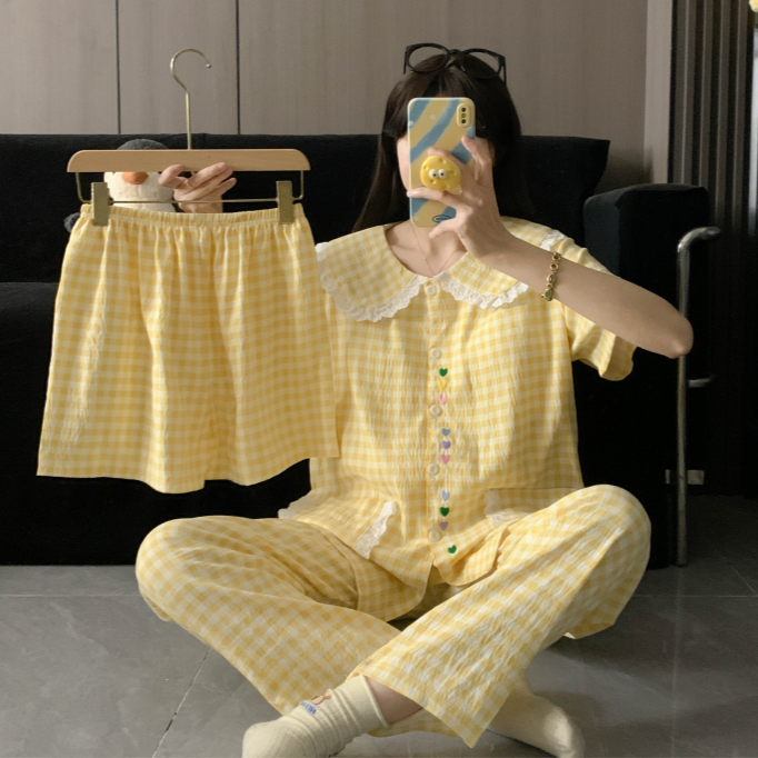 大码睡衣女云朵棉少女格子娃娃领甜美刺绣小爱心宽松家居服女套装