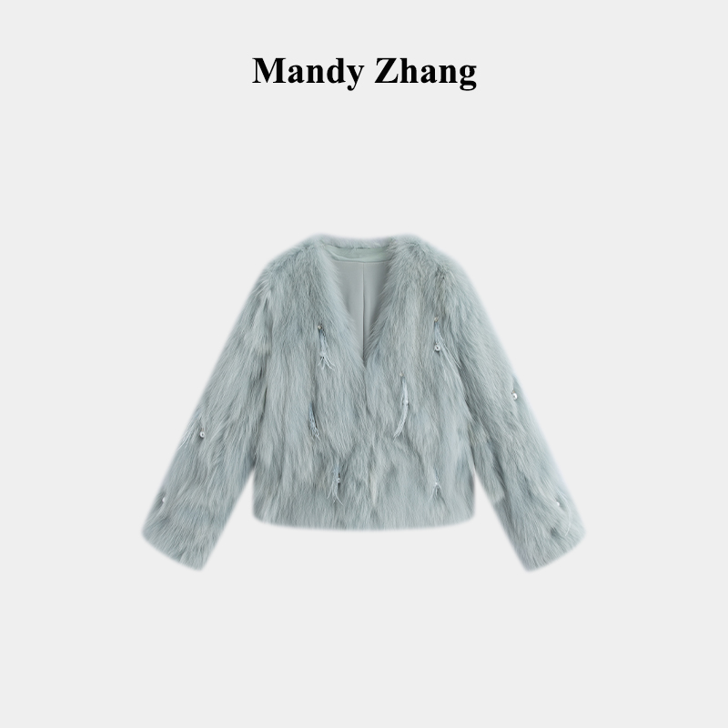 Mandy Zhang半包领短款V领女M中长款长袖国码皮草