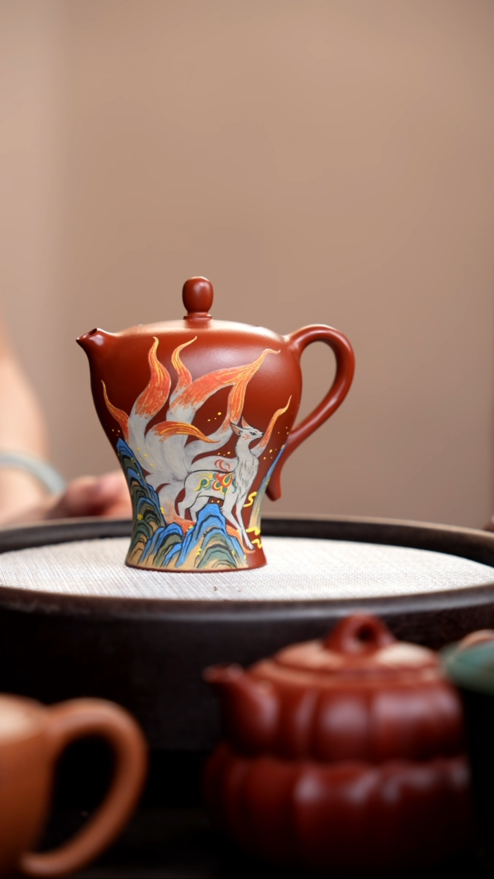 茶壶紫砂f*朱泥小蛮腰泥绘凤九