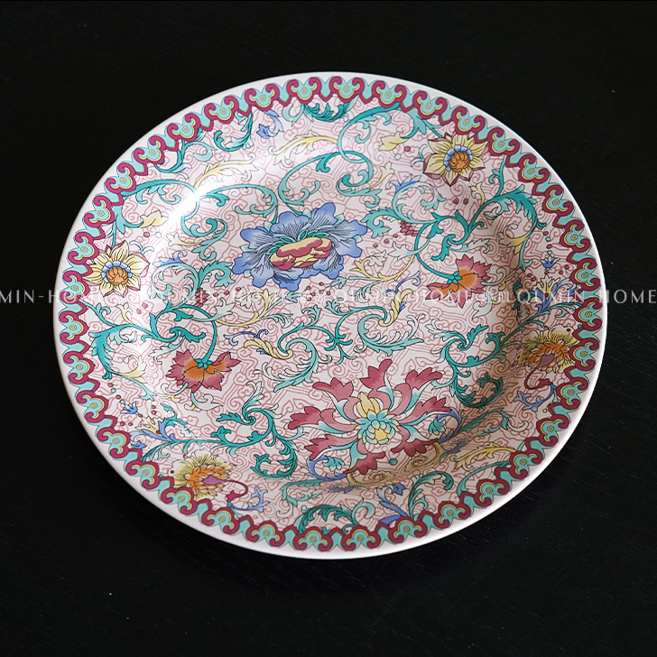 【趣皿】宫廷粉翠-锦簇花团圆盘