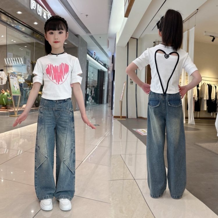 【韩系夏季套装】韩版夏季女童短袖牛仔裤套装爱心镂空套装亲子装