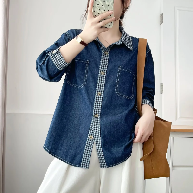 设计感拼接格子牛仔衬衫女春秋2025新款复古港味长袖翻领衬衣外套
